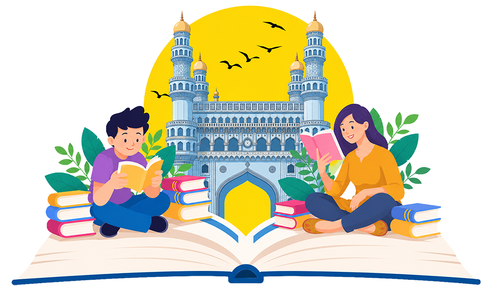 Readers gathered around an open book beneath Hyderabad's Charminar